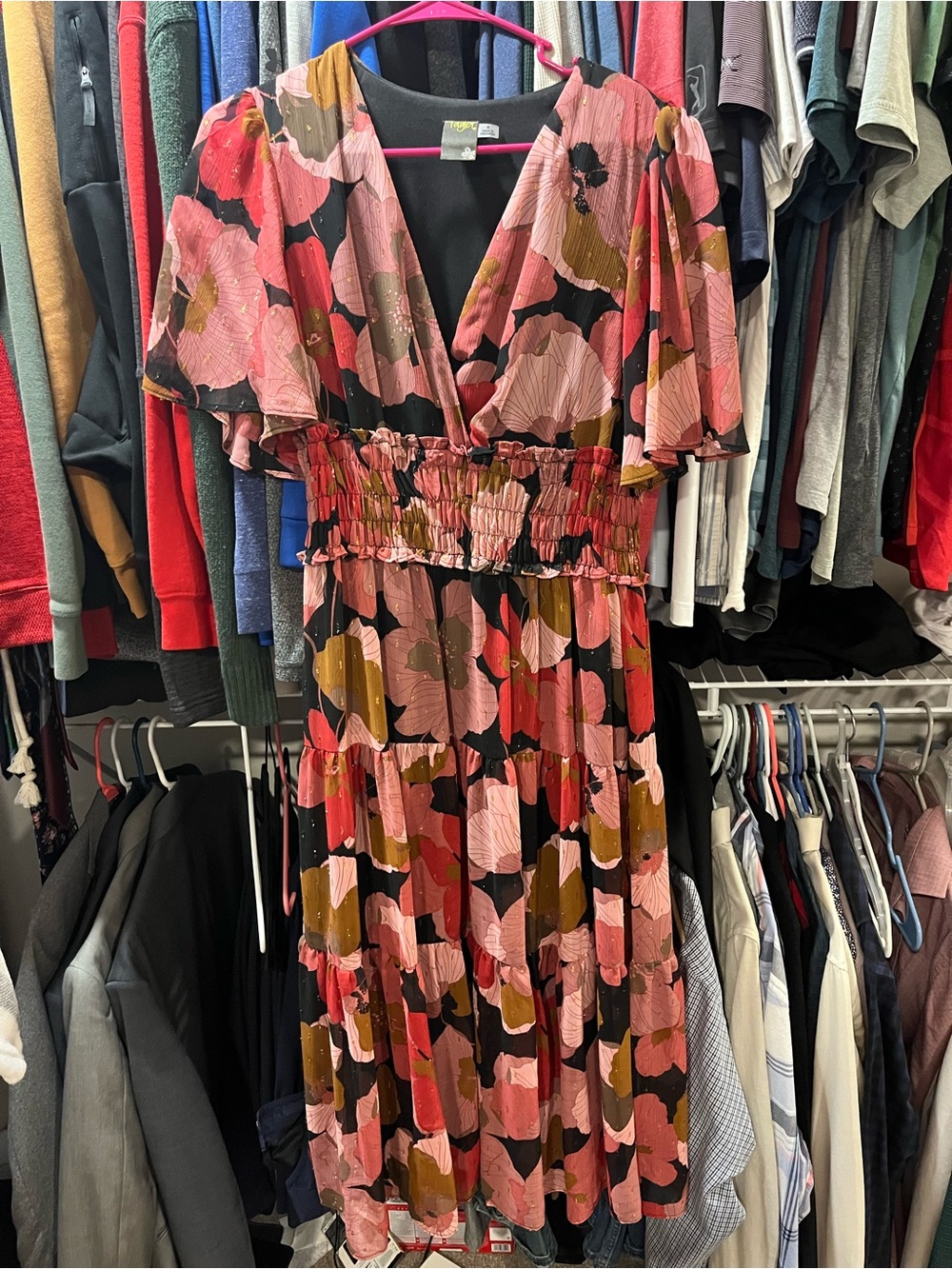 Taylor Pink Floral V-Neck Smocked Midi Dress